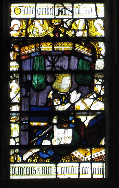 Prince Arthur, Katherine's first husband, from a stained glass window at Malvern Priory, Worcestershire.